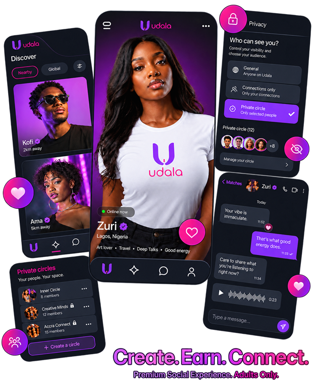 Udala app preview with an African creator and private social features